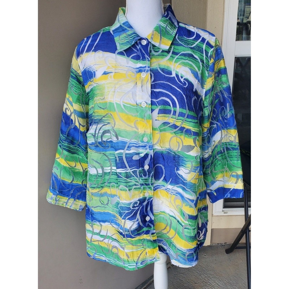 Allison Daley Blouse Womens 18W Blue Green Yellow Abstract Sheer Burnout Top
